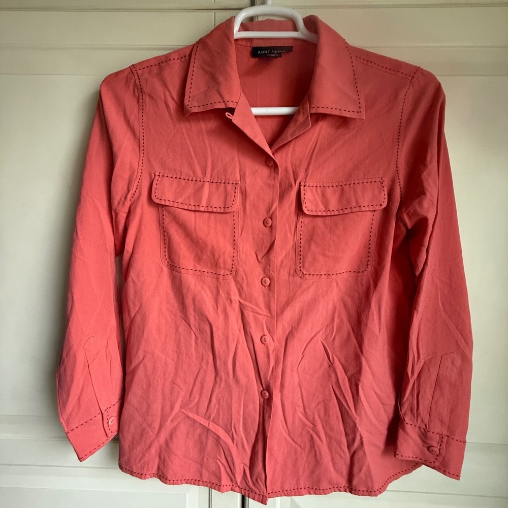Anne Carson Women Coral 100% Silk Pick-Stitch Utility Button Down Shirt Size M